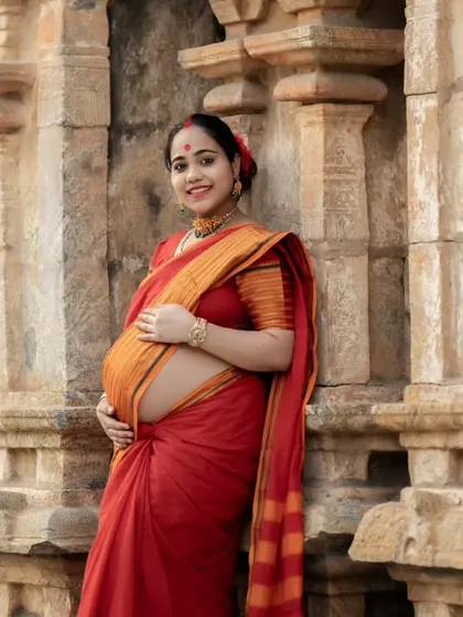 A joyful portrait of the expectant mother in her red saree, smiling warmly. The intricate details of the temple stone provide a beautiful textured background.