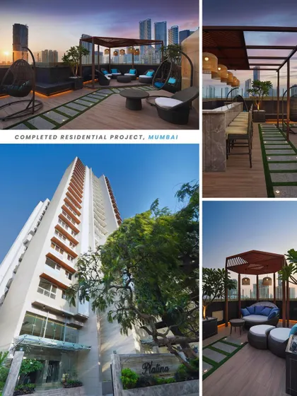 This collage shows our recently completed residential project in Lower Parel, Mumbai. The design includes a stunning rooftop terrace with a bar and lounge areas, offering residents breathtaking skyline views and an exclusive space for relaxation and entertainment.