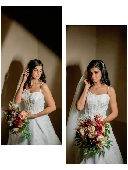 A diptych of artistic bridal portraits using dramatic lighting. The shadows and highlights create a moody and elegant feel, perfect for a modern bride.