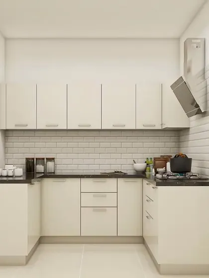 A simple and clean U-shaped kitchen in all-white. The subway tile backsplash adds a classic touch, making this a timeless design that will look great for years to come.