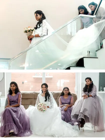A collage showing the bride's elegant entrance down the stairs and a portrait with her bridesmaids.