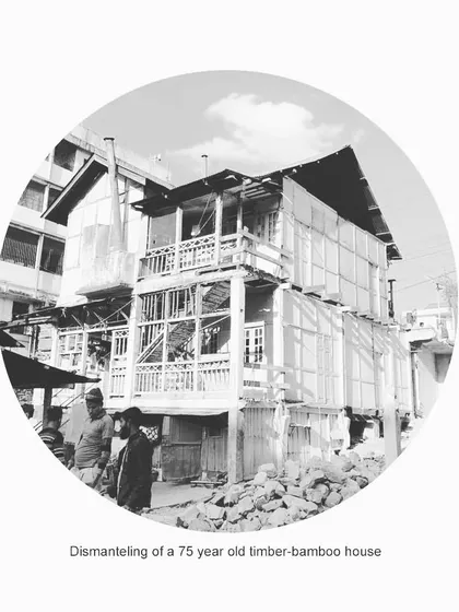 A historical photo showing the dismantling of a 75-year-old timber-bamboo house in the region. Studying these old structures helps me understand their longevity and how to adapt their construction for contemporary needs.