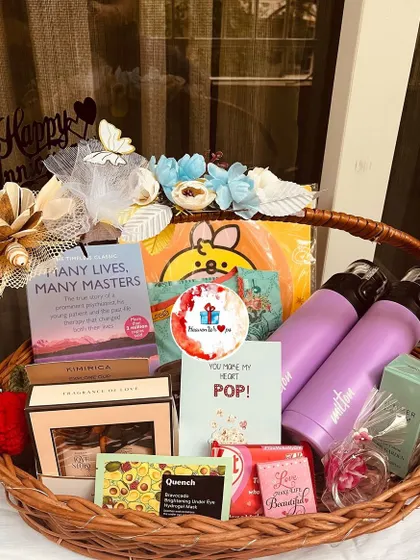 A detailed shot of the gift basket, focusing on the variety of items like fragrances, chocolates, and skincare.