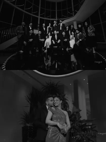 A black and white collage showing both a stylish group portrait with the wedding party and an intimate embrace between the couple.