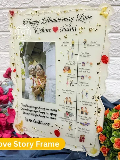 The timeline on this frame details the couple's journey, from their first talk and first date to their engagement and marriage.
