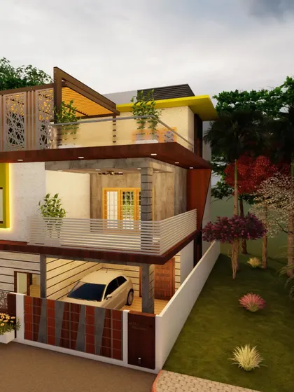 A side view of an angular home design, showcasing its unique architectural form.
