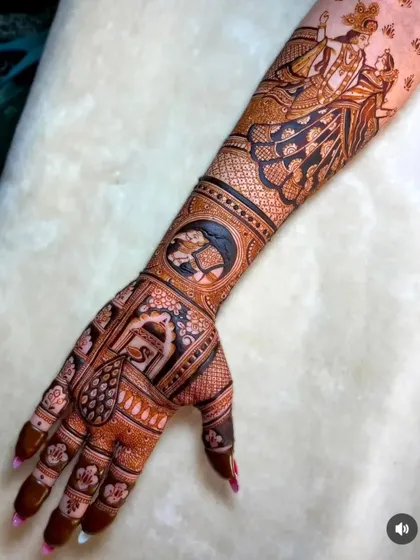 A close-up of a storytelling sleeve, featuring a beautiful Radha-Krishna portrait at the top and a horse motif below, showcasing my ability to create detailed figures.
