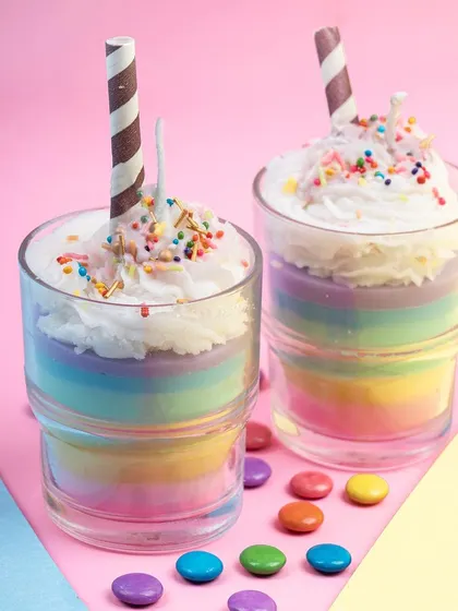 I designed these rainbow milkshake candles to be pure fun and joy. With vibrant, colorful layers, a whipped wax topping, and a paper straw, they look just like a nostalgic treat and bring a playful touch to your decor.