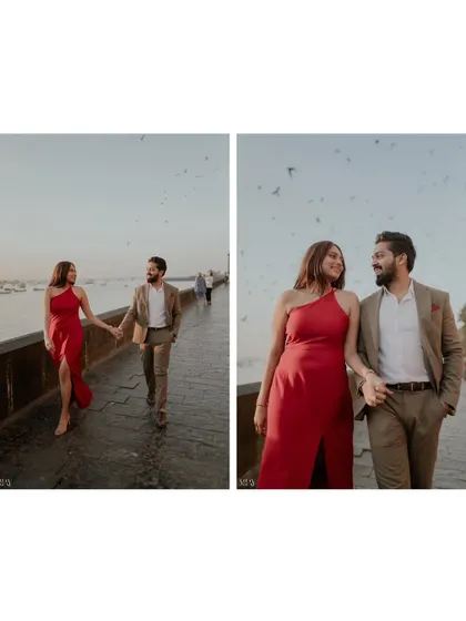 A diptych of the couple walking hand-in-hand, with pigeons flying in the background, a classic Mumbai scene.