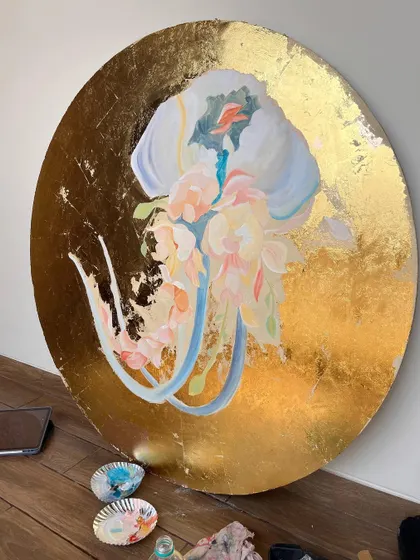 Another angle of the jellyfish art piece, showing the delicate, flowing tentacles and the soft floral elements that are integrated into its body, blending marine life with botanical beauty.
