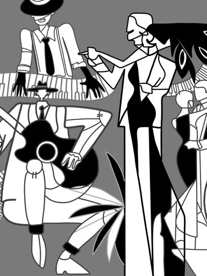 The black and white line art version of the 'Lost in the Rhythm' design, highlighting the dynamic poses of the figures.
