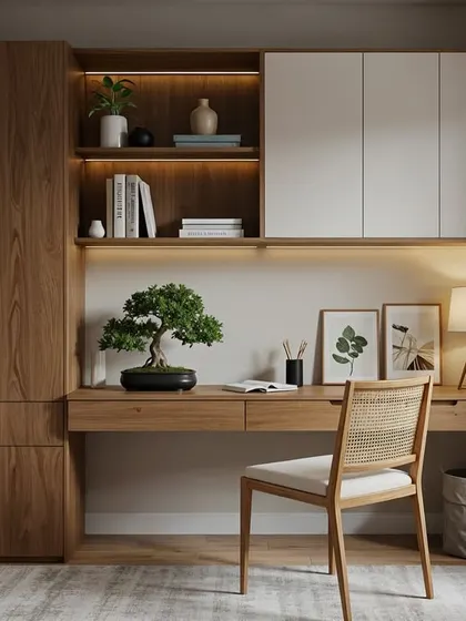 A Japandi-inspired study nook with a mix of warm wood and white cabinetry. The space is calm, purposeful, and designed for focus, featuring a bonsai tree for a touch of nature.