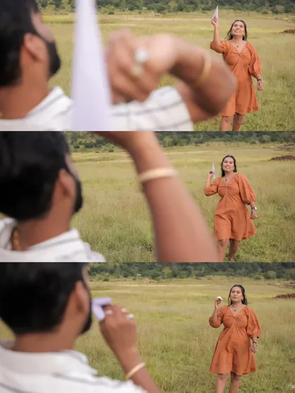 A series of shots focusing on the playful act of throwing paper planes. This captures a unique and creative concept for a pre-wedding shoot, highlighting the couple's fun and imaginative side.