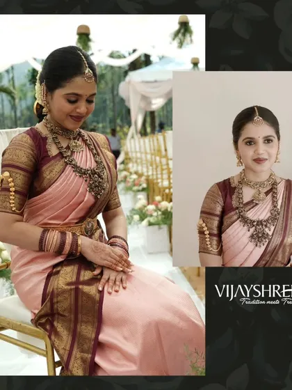 Our beautiful bride Nesara Gowda chose this classic pink and maroon Kanjivaram for her engagement ceremony. The traditional border and rich silk create a look of timeless elegance.