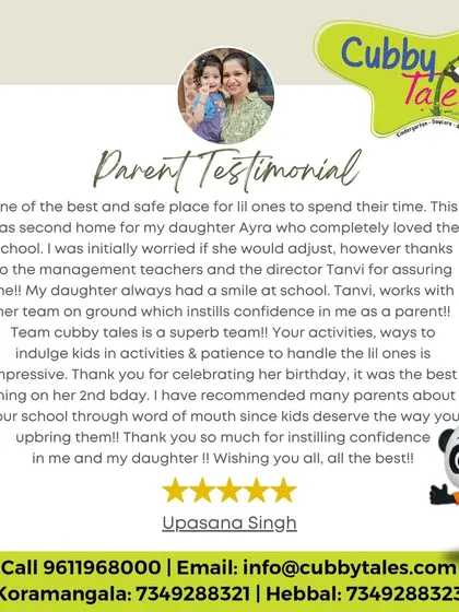 Nothing makes us happier than hearing from our families. This parent's testimonial about her daughter's journey with us reaffirms our commitment to creating a safe, loving, and confidence building second home for every child.