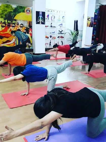 Students practice Vyaghrasana (Tiger Pose), a balancing posture that strengthens the core and spine. Our classes incorporate a variety of asanas to build a well-rounded practice.