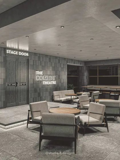 The Comedy Theatre in its cafe mode. We designed the space to be flexible, easily transitioning from a performance venue to a relaxed coffee shop with comfortable seating and a modern, industrial aesthetic.