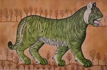This painting of a green tiger is inspired by Asiatic art and traditional Indian miniatures. It's a unique and symbolic piece from our "Roar of Art" exhibition, which explored tiger depictions across continents.