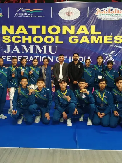 The full squad of our boys and girls teams at the National School Games in Jammu. Their unified presence shows the strength and spirit of the Dynamo fencing family.
