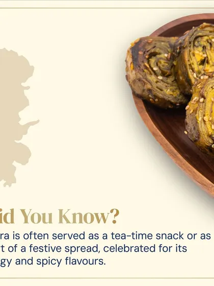 Patra is a festive snack from Gujarat, celebrated for its tangy and spicy flavors. We ensure our version is authentic, making it a perfect tea-time snack or appetizer for any celebration.