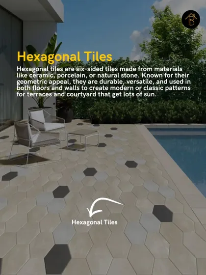 Hexagonal tiles made from porcelain or natural stone are a versatile and durable option for terraces and courtyards. Their geometric shape allows for creative patterns that can be modern or classic.