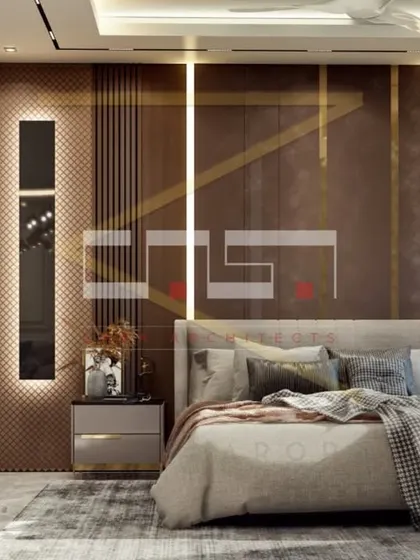 Another master bedroom render, this one featuring a textured brown accent wall with vertical lighting and a large mirror that enhances the sense of space.