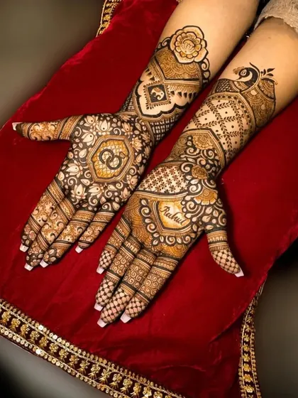 Personalizing your mehndi with a name, like 'Rahul' here, is a popular choice. I can write names in various styles to match the overall design.