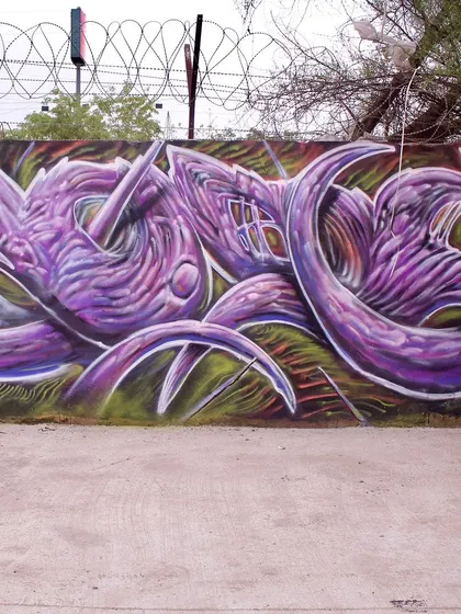 A purple organic-style piece, with letters that look like they are flowing and twisting. This style is less about sharp edges and more about fluid movement.