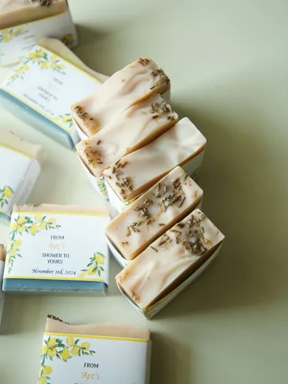 A row of the lavender-topped soaps, ready to be gifted at the bridal shower.