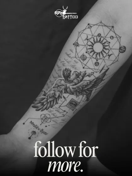 A modern take on a classic myth. This micro-realism piece depicts the fall of Icarus, blended with geometric lines, script, and a hyper-realistic eye, all on the forearm.