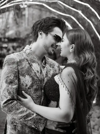 A classic black and white romantic portrait of the couple at their cocktail party. Timeless, elegant, and full of love.