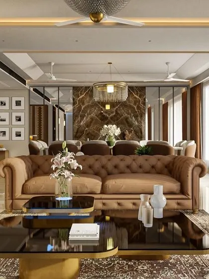 This rendering showcases a complete living and dining concept. The design uses a consistent palette of brown and beige, with reflective surfaces and strategic lighting to create a sense of depth and luxury.