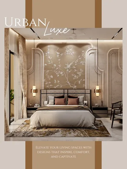 An urban luxe bedroom with a sophisticated, hotel-like feel. The design features a beautiful floral art panel, elegant pendant lights, and a neutral color scheme that exudes calm and comfort.