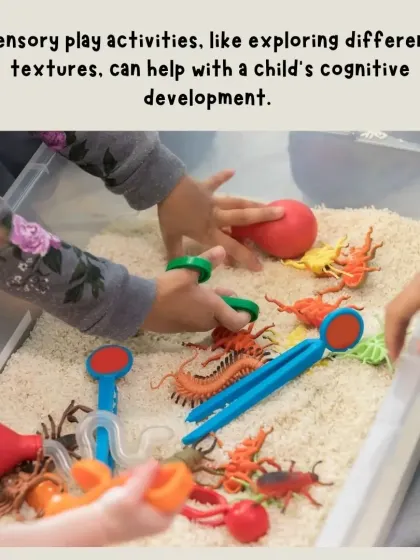 Sensory play activities, like exploring different textures in this bin, are crucial for a child's cognitive development.