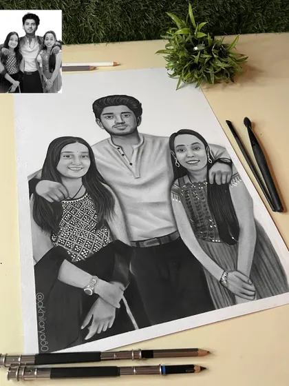 A lovely black and white portrait of siblings on A3 paper. The graphite sketch captures the close bond and happy smiles of the brother and his two sisters.