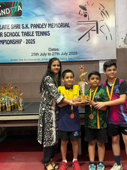 Our U-11 Boys team champions, Aryaveer Borah and Garv Pandita, with their trophy at the GBN Interschool Championship. Their synergy as a team was unbeatable.