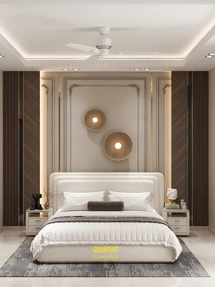 A 3D render for a guest bedroom in Faridabad, showcasing a European-inspired design. The bed wall is the main feature, with intricate mouldings, tinted mirror panels, and rich wood accents creating a luxurious feel.
