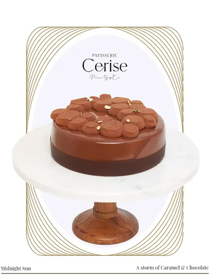 I call this one Midnight Sun. It is an unapologetically decadent composition of silky caramel and bold couverture chocolate. Each layer is designed to be a slow, intense, and deeply comforting experience.