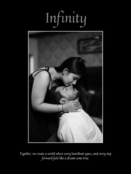 An intimate black and white photo of the bride kissing the groom's forehead, framed with the word "Infinity" to symbolize their endless love.