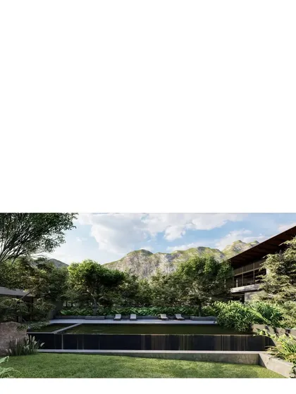A render showing the common pool area for a family commune in Alibaug. The design allows for both privacy and collective living, with the space between the homes becoming the heart of the project.