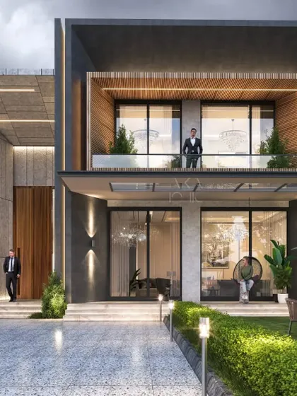This fully automated farmhouse was designed with the amenities of a luxury hotel. The architecture emphasizes a clean, cubist form with a clear distinction between the solid entrance and the open, glass-walled living spaces that connect to the garden and outdoor seating areas.