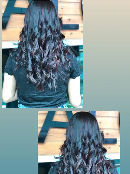 A collage showing long, dark hair with deep violet highlights. The colour is subtle indoors but becomes more vibrant in the light.