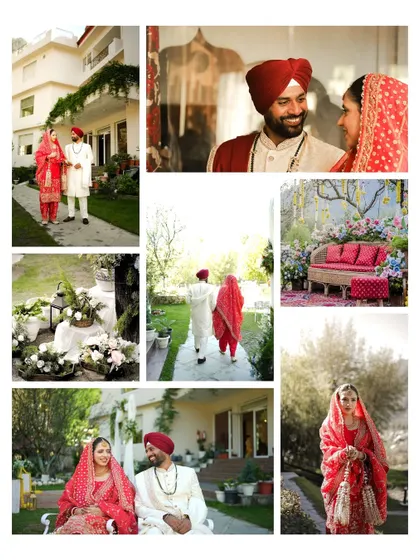 A collage of Ganeemat and Rishi's wedding day, featuring couple portraits, decor details, and candid moments. This provides a beautiful overview of their intimate Manali wedding.