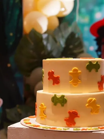 A close-up of the cake from the custom animated character birthday party. Even the cake is designed to perfectly match the theme, completing the immersive experience.