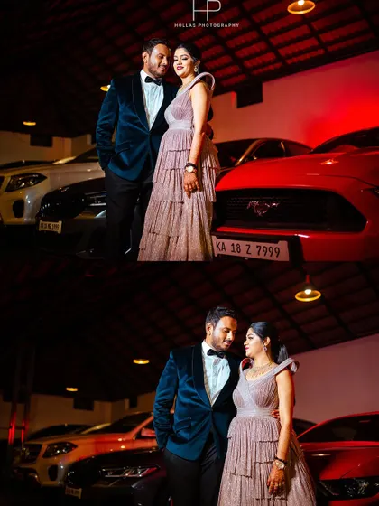 A stylish cocktail-themed shoot in a garage with luxury cars. The bold red lighting and high-end setting provide a modern and edgy vibe for a pre-wedding celebration.