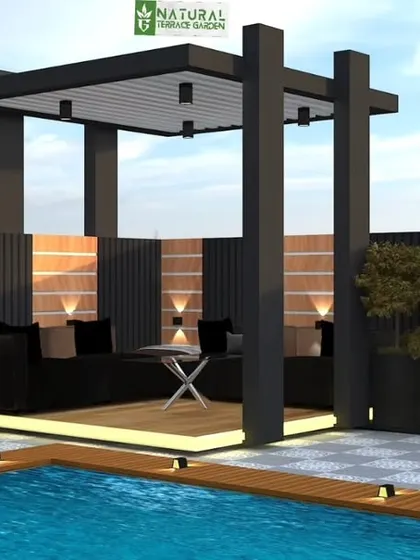 A 3D render of a poolside cabana. The design includes a pergola with built-in seating, providing a shaded area to relax next to the swimming pool.