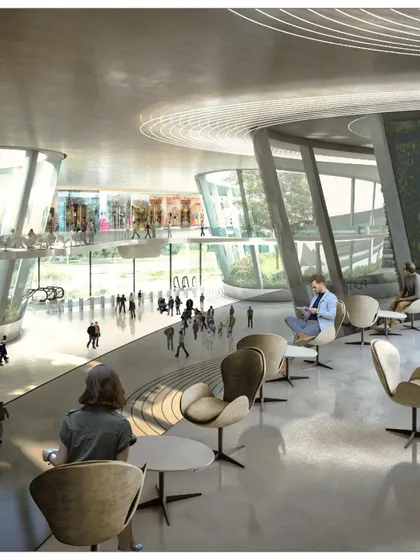 The spacious and airy concourse level, designed to handle large crowds while maintaining a connection to the outdoors.