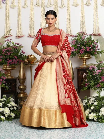A full view of the red and gold lehenga with a Banarasi dupatta, showcasing a different styling option for a classic bridal look.