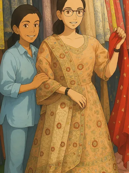 Here's a fun, anime-inspired take on what I do. This captures the moment of discovery and joy when we find the perfect fabric together.