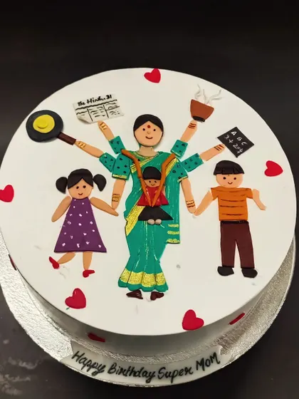 A tribute to a "Super Mom," this cake depicts a mother multitasking with love, surrounded by her children.